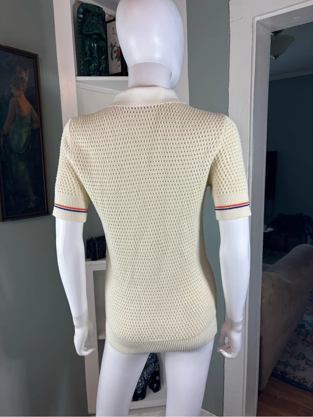 Tory Burch Cream Open Knit Crochet Sweater Pointelle Polo Shirt Top S Small